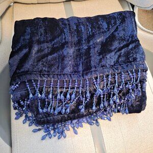 Large Navy Blue Velvet Wrap Shawl Beaded Fringe Rectangle 60”x44” Boho Throw